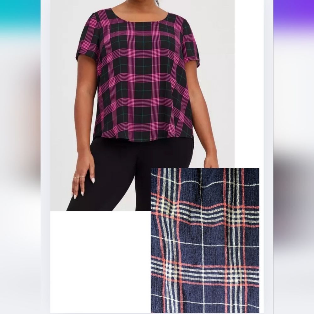 Torrid 2 Abbey Floral Gauze Button Back Blouse Navy Plaid 2813-Bd - Picture 3 of 8